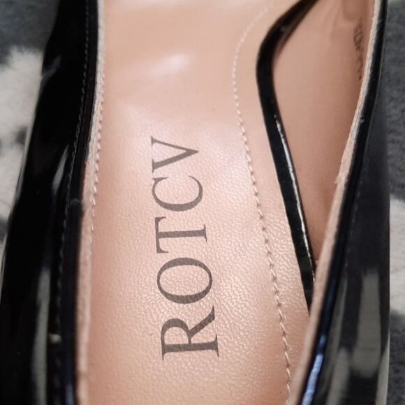 Rotcv Black Patent Leather Pointed Toe  Red & Black Unique Heel Shoe Size 6 - Picture 8 of 14